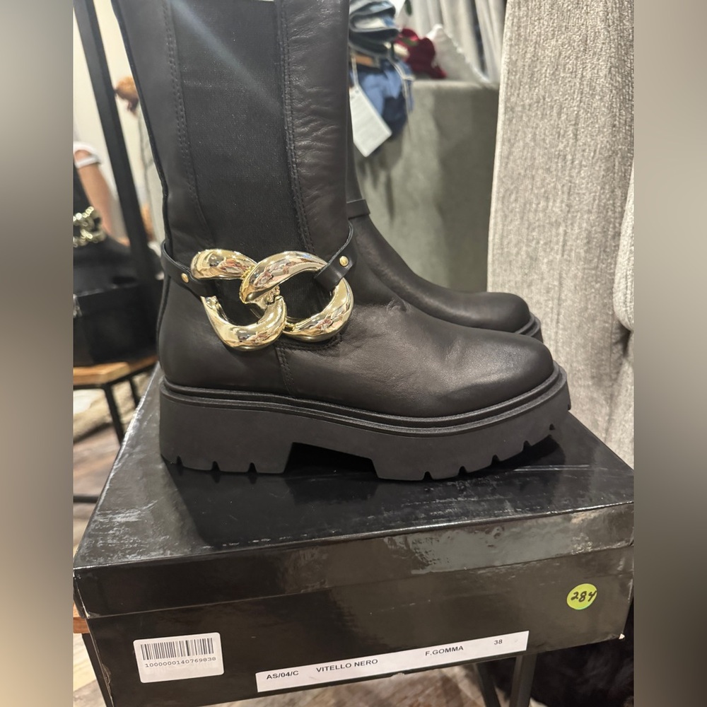 Le Pepite (Produced in Italy) Black Moto Boots with Bold “Removable” Gold Accent - Picture 4 of 8